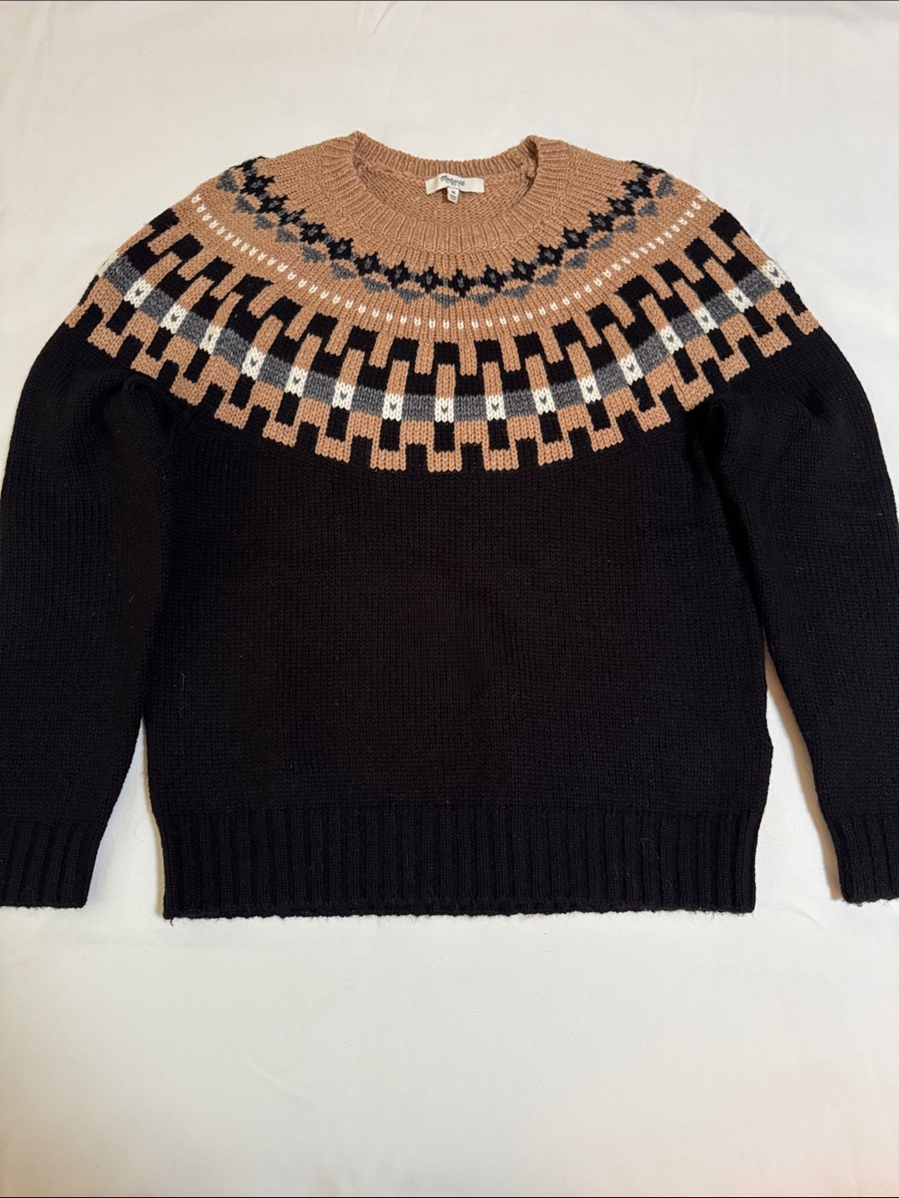 Madewell Black Sweater with Tan and Gray Fair Isle Yoke